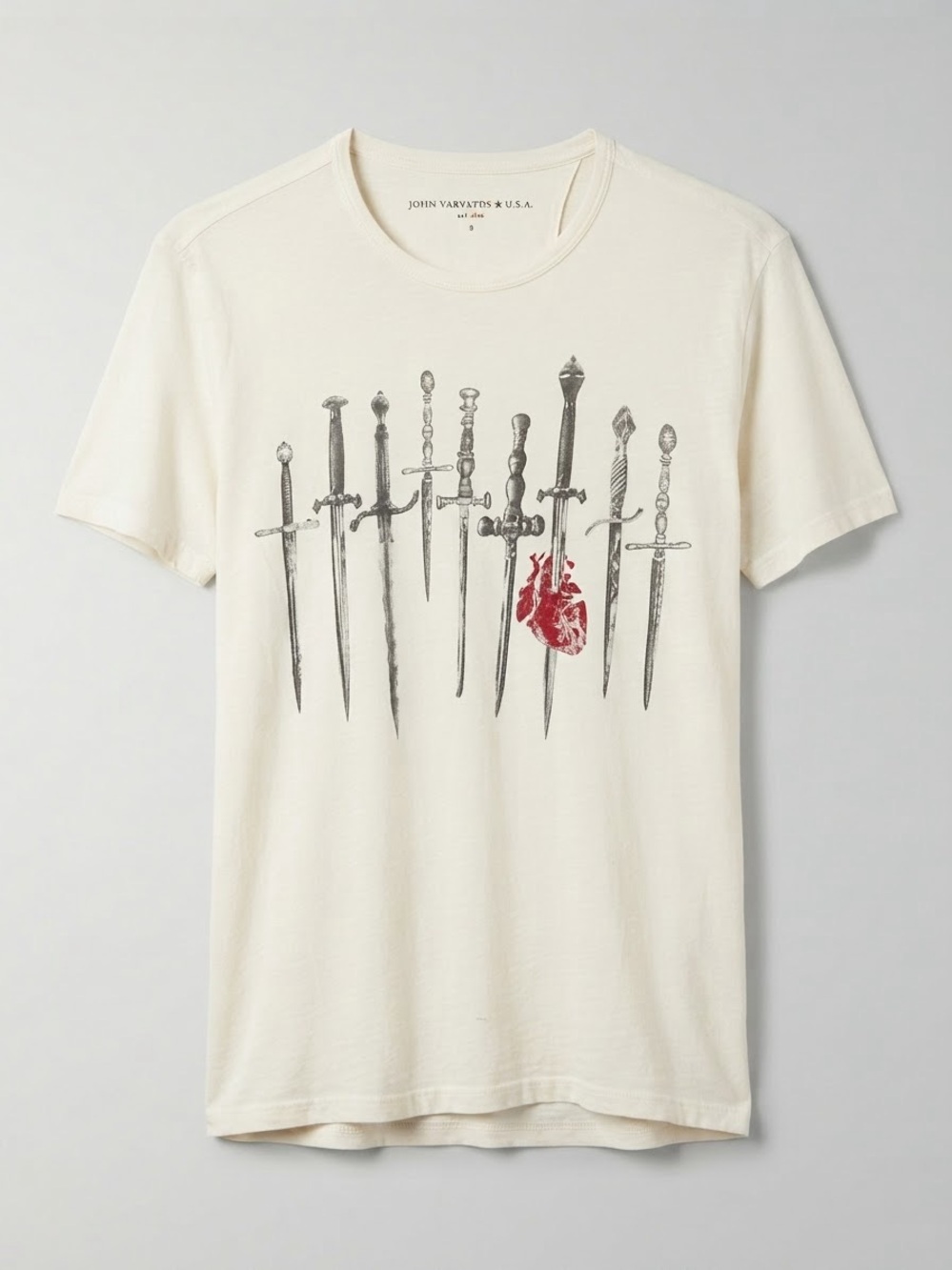 John Varvatos Cream Short-Sleeve Tee with Red Heart & Sword Graphic